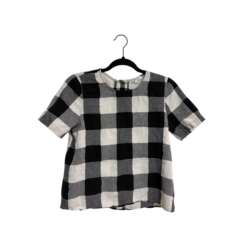 Madewell Top Buffalo Check Black White Button Back Cotton Linen XS Cottagecore